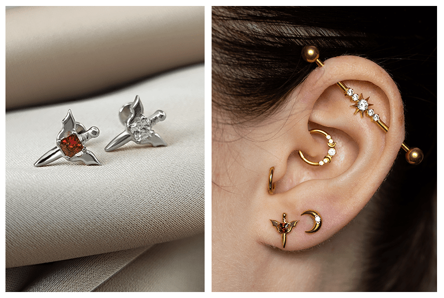 Zbliżenie na labret miecz z kryształkiem w kolorze srebrnym (czerwony i przezroczysty kamień) oraz przykład noszenia w uchu w złotej stylizacji