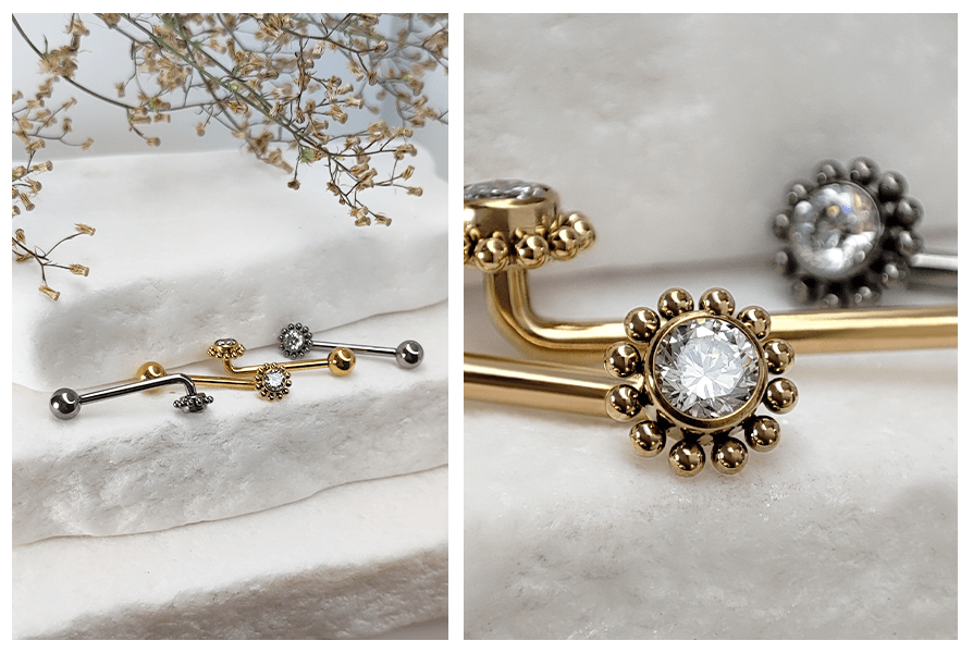 Złoty i srebrny kolczyk intymny Christina L-bar z kryształem otoczonym kuleczkami, pokazany w zestawie i w zbliżeniu na detale