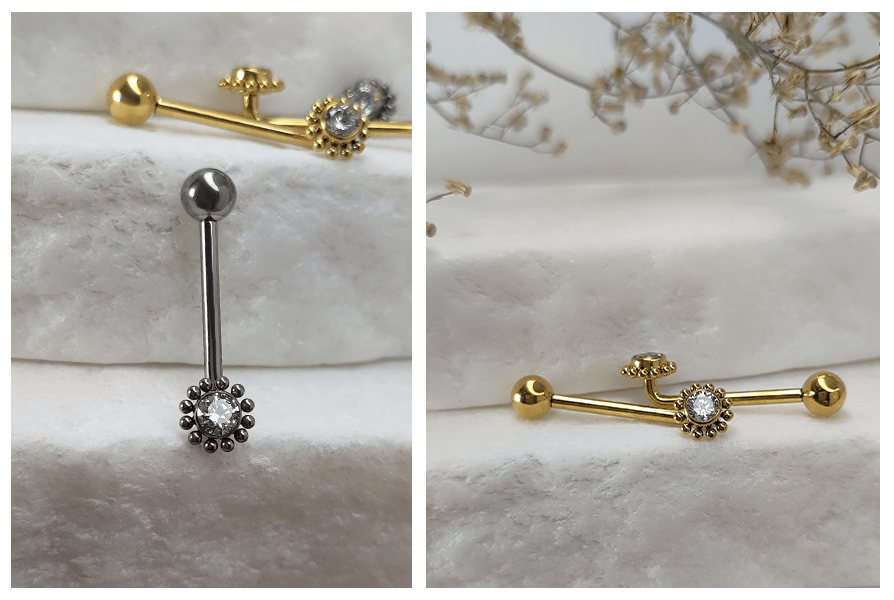 Kolczyk intymny Christina L-bar z kryształem i kuleczkami, pojedyncze modele w srebrze i złocie na jasnym tle, ujęcie całe i zbliżenie