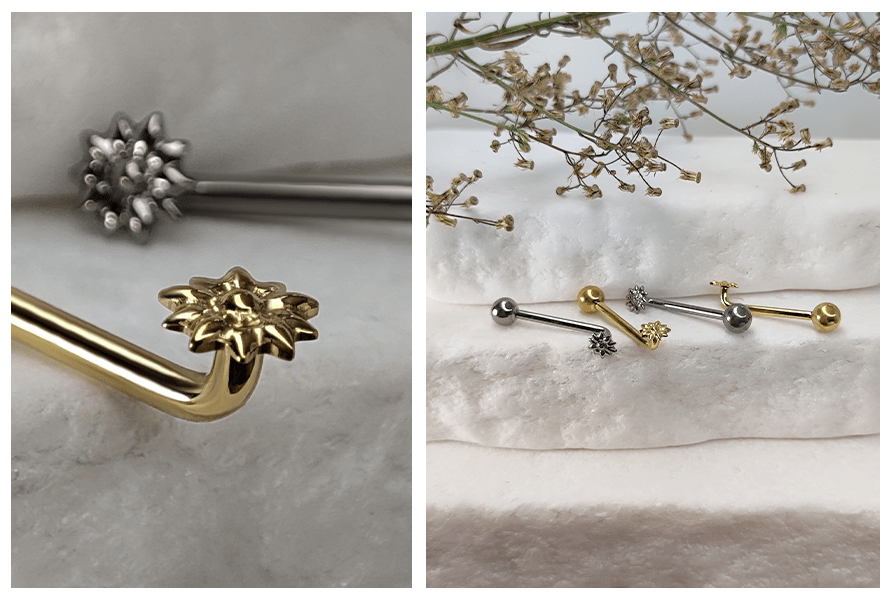 Końcówka w kształcie kwiatka w kolczyku intymnym Christina L-bar w złotym i srebrnym kolorze, detale oraz kilka sztuk na jasnym tle