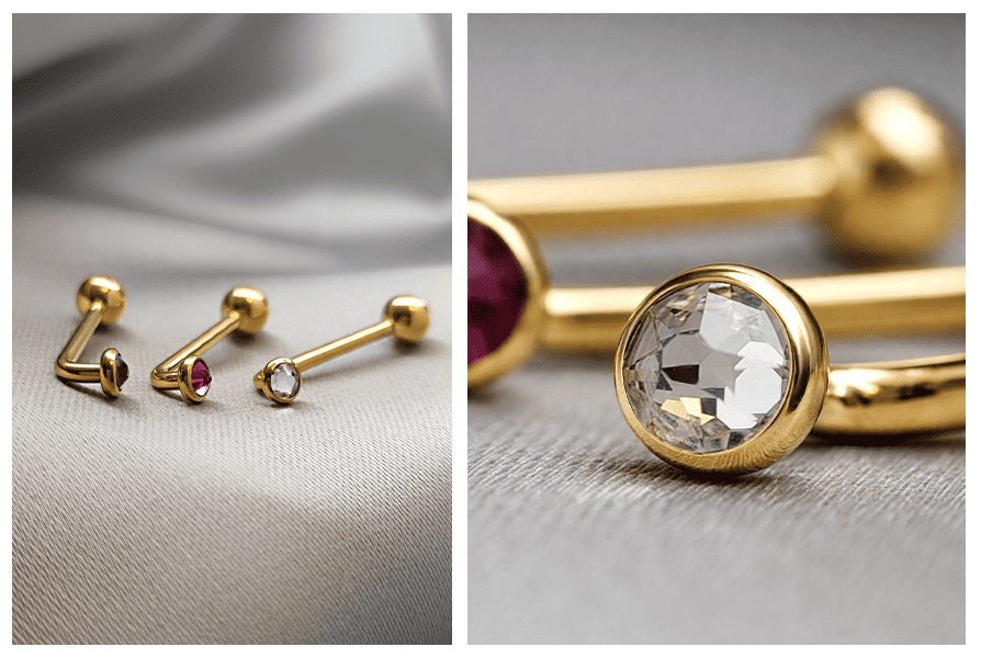 Kolczyk Christina L-bar z kryształkiem – trzy złote L-bary oraz makro przezroczystego kryształu w oprawie