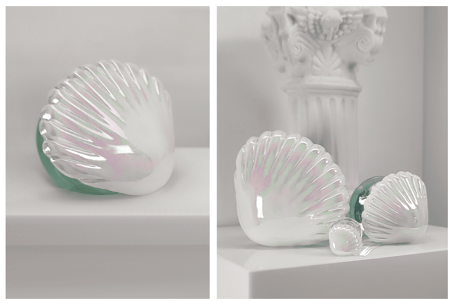 Plug szklana muszelka – opalizująca biała muszelka na przezroczystym szkle, obok zestaw kilku rozmiarów na białej podstawce