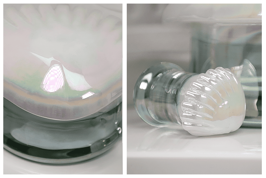 Detal plug szklana muszelka: zbliżenie na opalizującą „muszelkową” górę oraz ujęcie z boku, gdzie widać przezroczysty szklany trzon