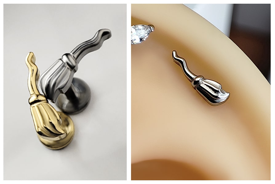 kolczyk do ucha labret z miotłą czarownicy